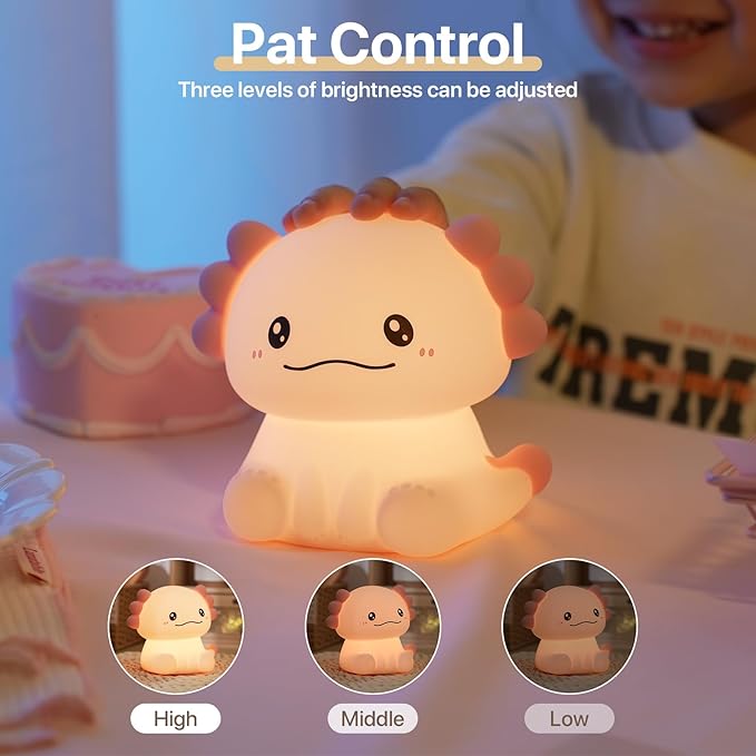 Cute Axolotl Night Light for Kids Rechargeable, Battery Operated Nightlight 3 Level Dimmable with RGB&Timer, Silicone Touch Nursery Lamp for Baby Girls Boys Bedroom Gifts