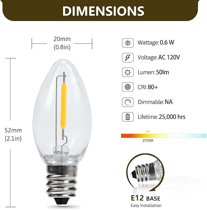 2 Pack C7 0.6W 2700K Featuring Standard E12 LED Bulb Candelabra Base Christmas Village Light Accessory Cord with 2 LED Light Bulb
