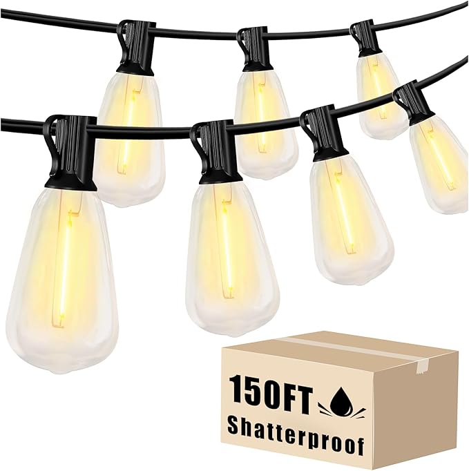 DAYBETTER 150ft Extra Long Outdoor String Lights,2700K 50 Shatterproof ST38 Bulbs Commercial Grade Weatherproof String Lights for Outside Patio, Garden, Backyard & Parties