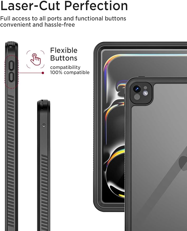Miimall Waterproof Case for iPad Pro 13 inch 2024 M4, IP68 Waterproof Clear 360 Full-Body Ultra-Thin, Built-in Screen Protector, Shockproof Dust/Snow Proof Waterproof for iPad Pro 13 inch, Black