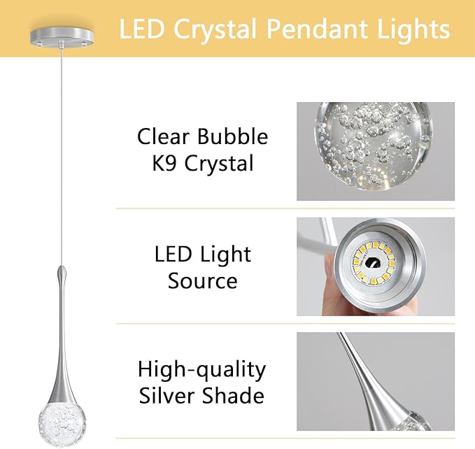 Modern Pendant Lights for Kitchen Island LED Dimmable Crystal Glam Ceiling Pendant Lighting for Dining Room Hallway Bedroom Corner Lamp Brushed Nickel