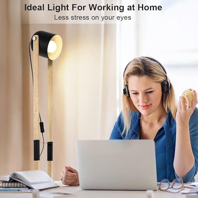 Depuley Modern Floor Lamp, Wooden and Metal Floor Lamps for Living Room, 360° Heads Rotatable Standing Light with Pressure Switch, Reading Lamp for Bedroom Office Decoration, E26 Bulb Included