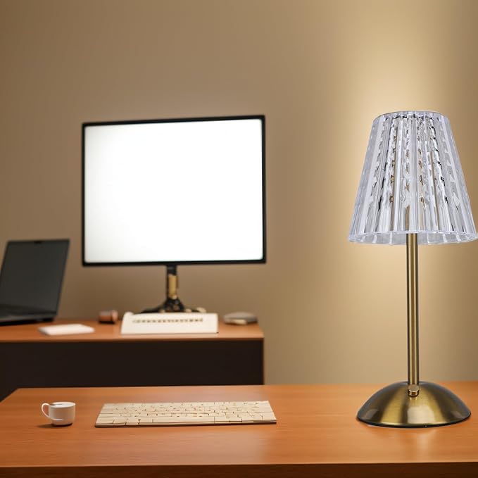 LED Cordless Crystal Table Lamp, Stepless Dimmable 3 Color Temperature Touch Control USB Rechargeable Nightstand Lamp for Home Bedside with High Brightness Light
