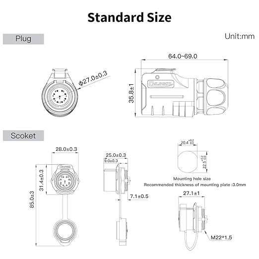 CNLINKO LP-20 9 Pin IP68 Waterproof Connector M20 Male Plug Female Socket Fast Locking 2-12 Pin Circular Connector for Stage Lighting Solar Panel Wiring(9 Pin)