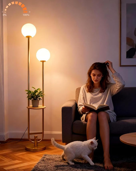 Lightdot 63IN Gold Floor Lamp with Table, 2 Globe Mid Century Standing Lamps with Warm White LED Bulbs, Unique U-Pole Vintage Tall Floor Lamp for Living Room/Wedding/Party/Sofa Beside/Corner Decor