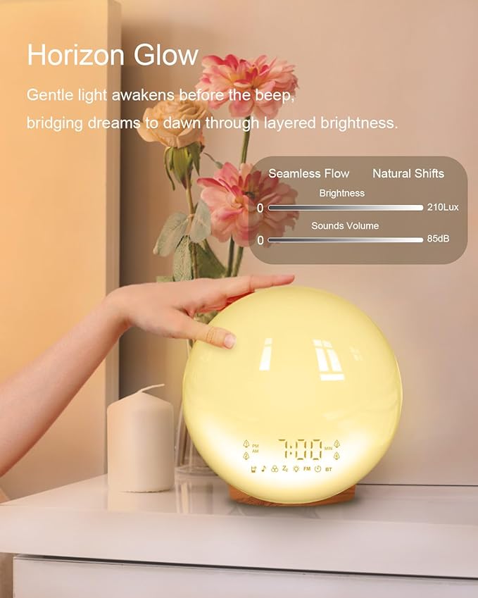 Smart Sunrise Alarm Clock with No Signup APP Control & Wake-Up Light, 4 Alarms, White Noise, FM Radio, Wireless Speaker, Wood Grain