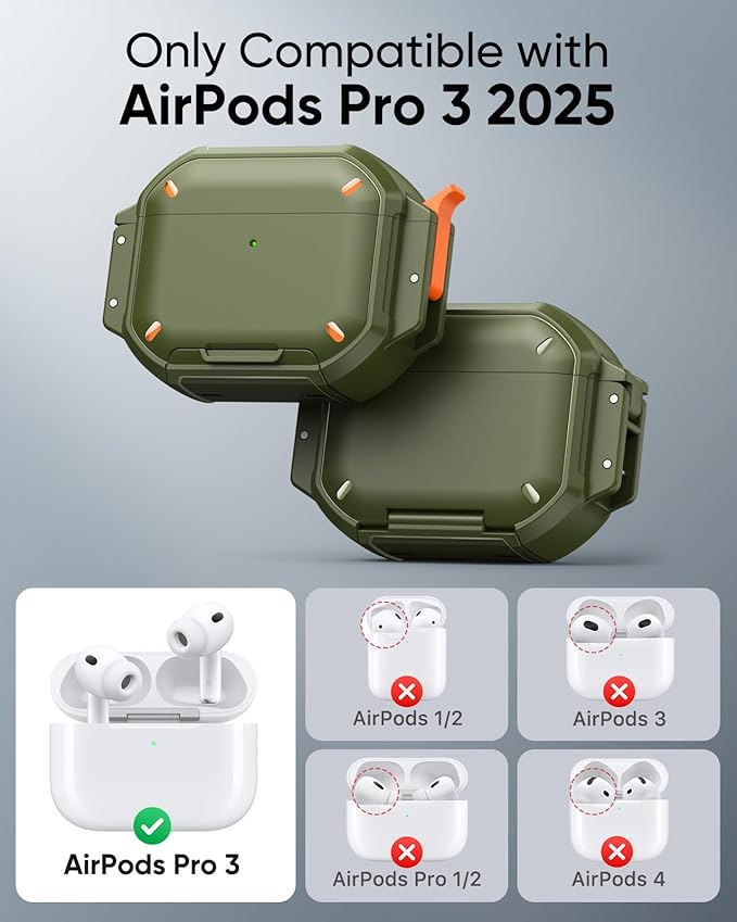 MoKo for AirPods Pro 3 Case with Secure Lock - IP68 Waterproof Case for iPods Pro 3, Military-Grade Protective Cover Earpods Pro 3 with Keychain, Phone Stand & Cleaner Kit, Green