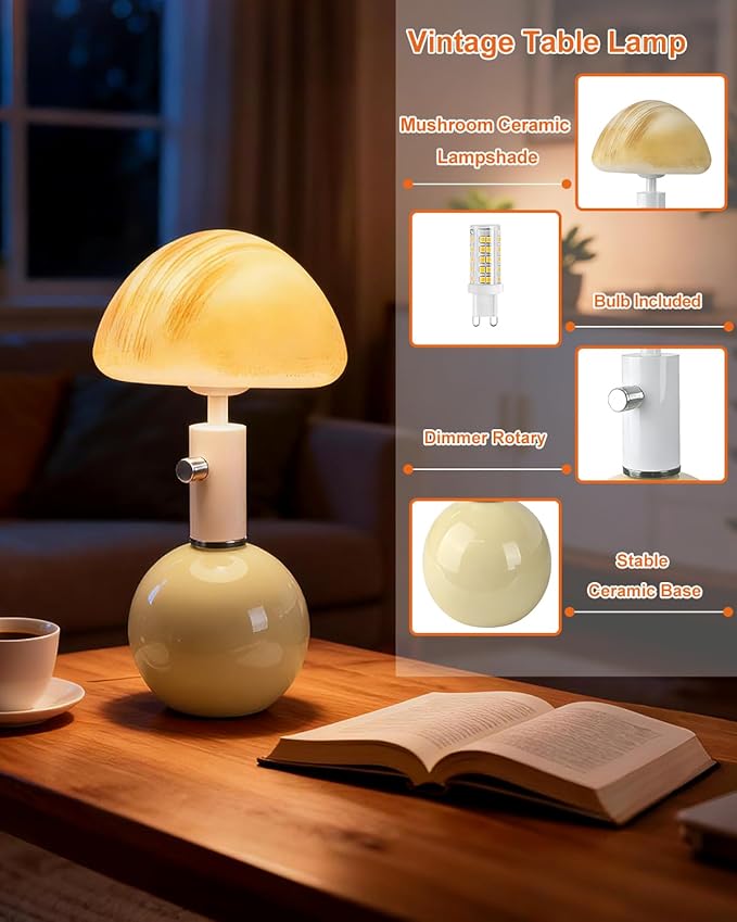 Lightdot Mid Century Modern Stepless Dimmable Table Lamp Ceramic 3000K Warmwhite Desk Lamp with Mushroom-Shaped Shade for Living Room Bedroom Bedside Nightstand Office Home Reading