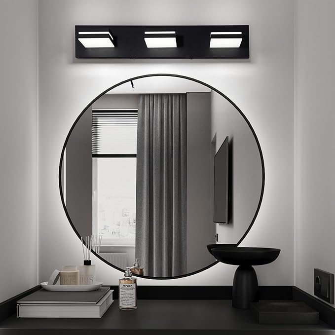 OKELI Bathroom Light Fixtures Black Modern 3-Lights Vanity Light Over Mirror LED Dimmable 350° Adjustable Lamp Head 24W 6000K Cool White ETL Listed 24 Inch