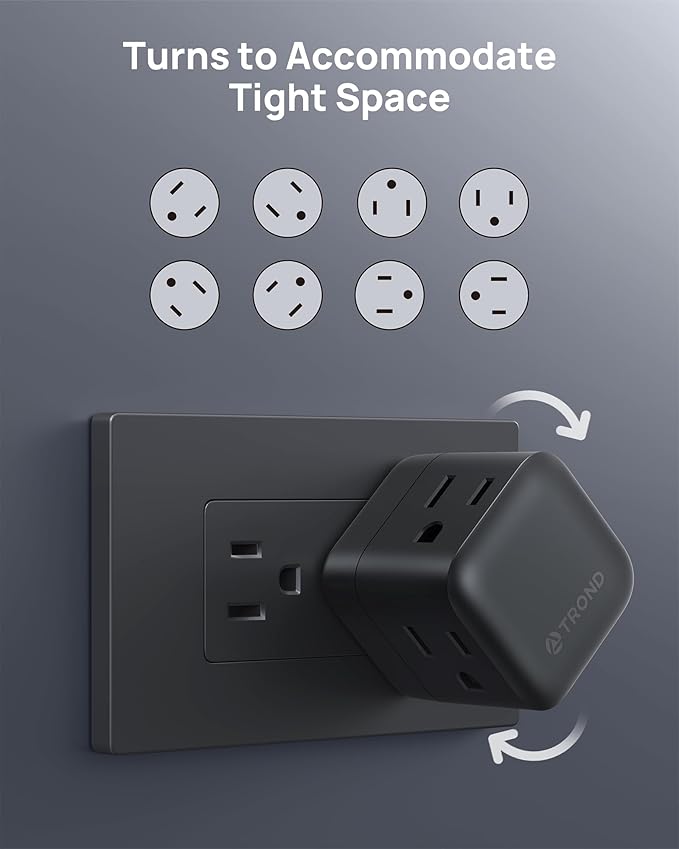 TROND Sideways Outlet Adapter, Multi Plug Wall Outlet with 360 Rotating Plug & 3 Electrical Sockets, A Small Black Charging Station Turn One into Multiple Sideways Extender for Dark Wall Decor