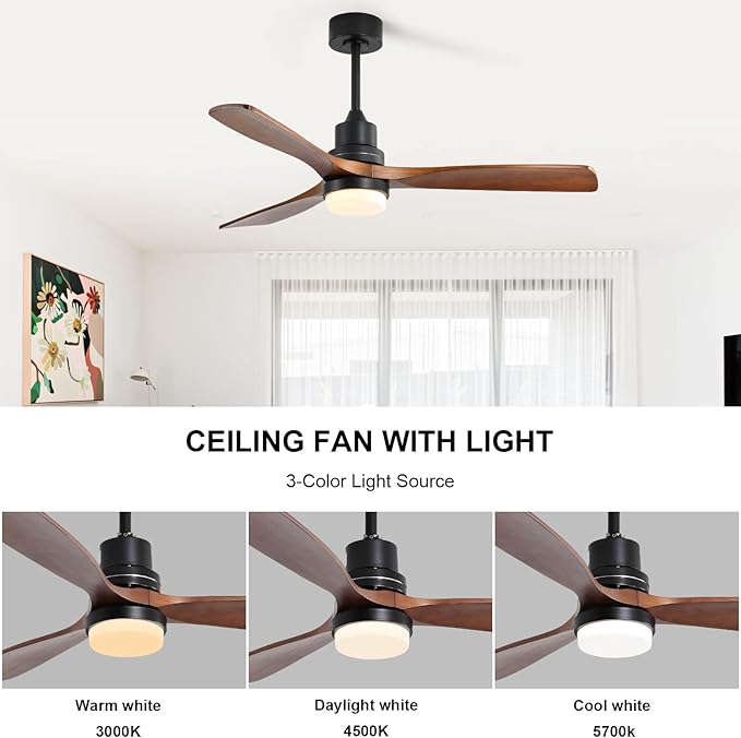 Outdoor Flush Mount Ceiling Fans with Lights Remote,52''Low Profile Ceiling Fans with 3 Solid-Wood Blade,Noiseless Dc Motor and 3 Color Dimming Light for Indoor Outdoor Living Room Farmhouse