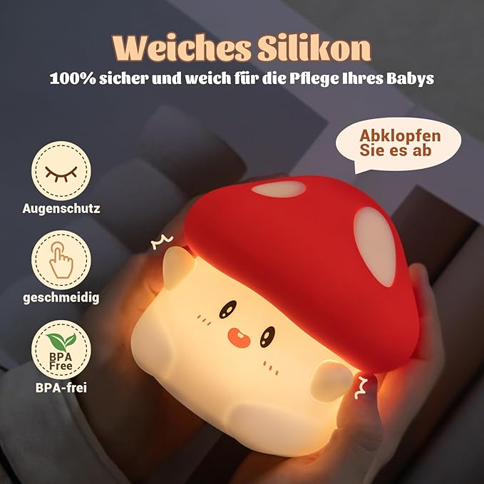 Hug Mushroom Night Light, 50-Hour Battery & Pat Control, Squishy Lamp for Kids Bedroom, Girls, USB Rechargeable with Timer, Easter Gifts