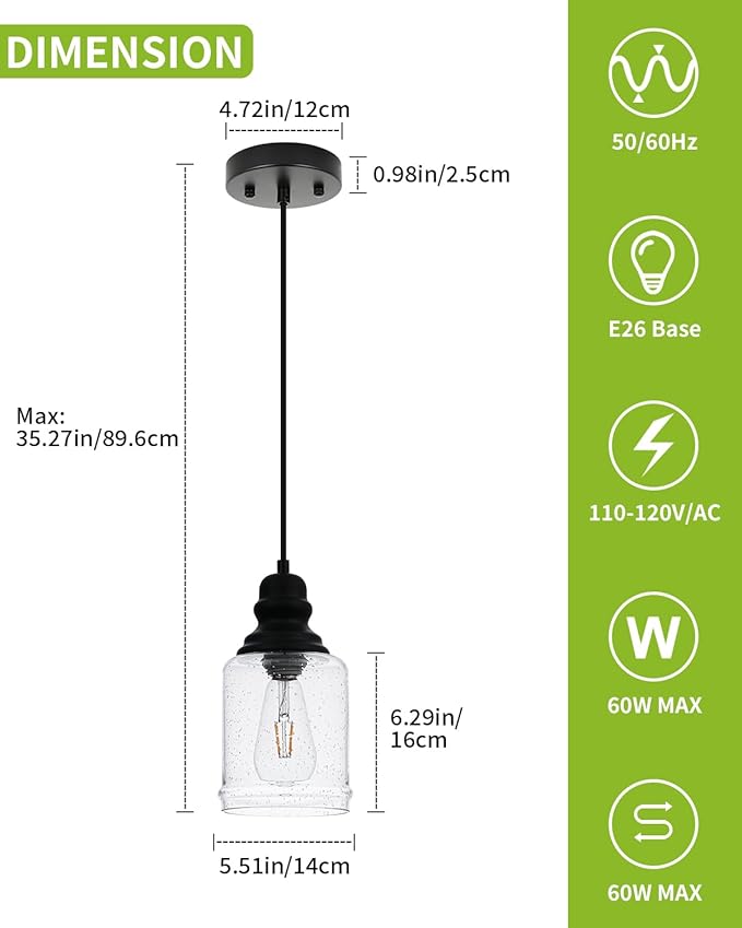 WILON Modern Glass Pendant Lights for Kitchen Island, 6.29" Mini Pandent Light Fixture with Seeded Glass Shade Black Farmhouse Pendant Lights E26 Base Hanging Kitchen Lights for Sink Dinging Room