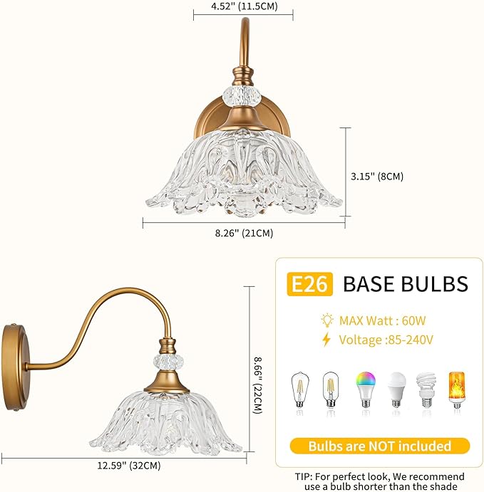 1 Piece Vintage Wall Sconce with Floral Clear Glass Shade, Matte Deep Brass Finish Wall Mount Lighting for Bathroom,Vintage Bathroom Vanity Light Fixture
