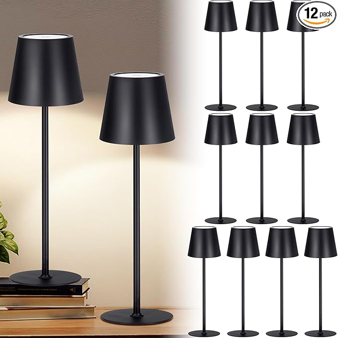 Retisee 12 Pack Cordless Table Lamp Portable Led Rechargeable Desk Lamp 3000mah Battery Operated 3 Color Stepless Dimming Waterproof Light Touch Control for Bedroom Restaurant Bars Coffee Shop Camping