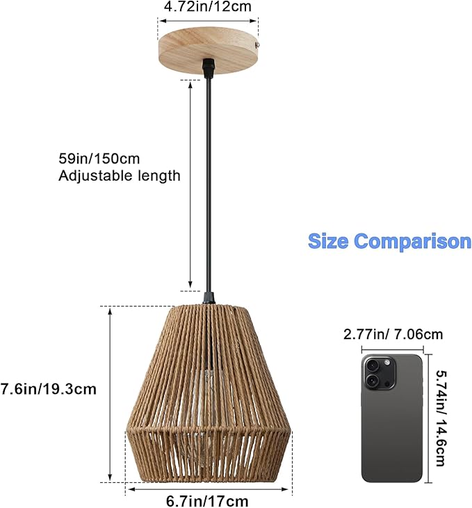 2 Pack Rattan Pendant Light Fixtures, 7'' Mini Boho Kitchen Island Pendant Lights Set of 2 Hand Woven Wicker Coastal Natural Small Hanging Light Fixture for Bedroom Dining Room Bar Hallway