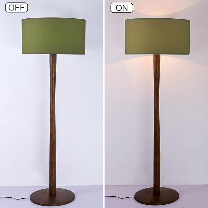 62" Tall Rustic Wood Floor Lamp for Living Room, Farmhouse Walnut Wood Floor Lamps with Linen Shade, UL Listed Standing Lamps with Wooden Base for Bedroom, Corner, Dining Room,Office, Green Shade