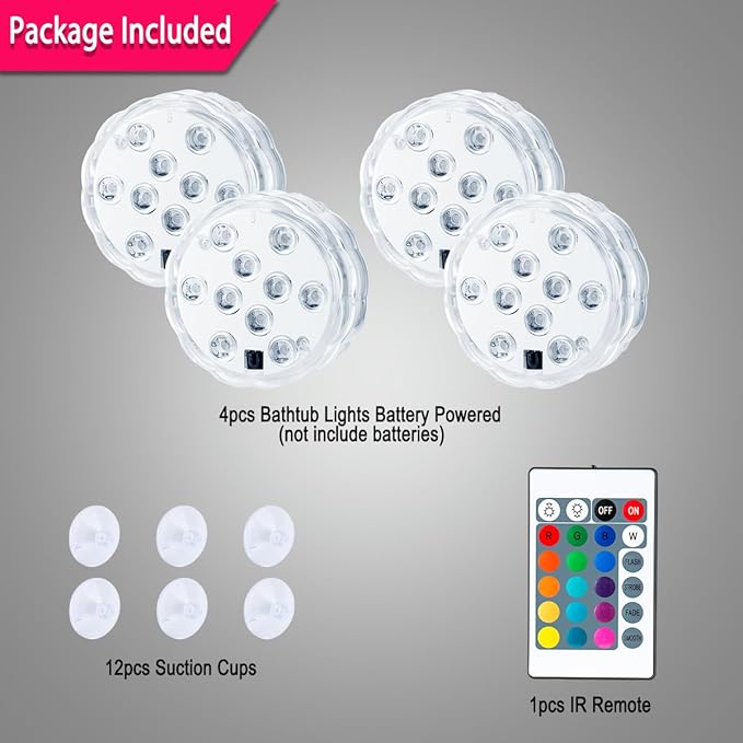 Bathtub Lights, Battery Powered Underwater Glow Light for Bathtime Bath Tub Spa Light Bathroom Shower Light, Bath Accessories for Women Relaxing, Remote Control Color Changing, RGB, 4pcs
