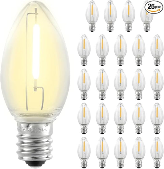25 Pack C7 LED Replacement Christmas Light Bulbs,Clear 0.6W Energy Efficient E12 Candelabra Base,Shatterproof Warm White 2700K for Christmas Trees,Holiday String Decorations,Patio,Garden,Halloween