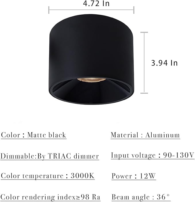 LED Dimmable Ceiling Spot Light Aluminum Matte Black 4.72'' Cylinder Spotlight Indoor Modern Minimalist Focus Ceiling Down Light Fixture for Living Room Hallway Foyer CRI 98 12W 3000K