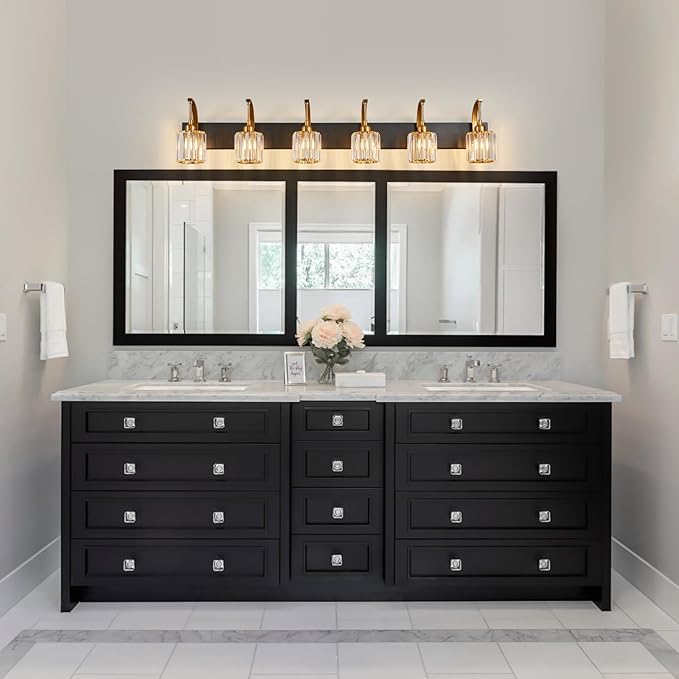 6-Light Crystal Vanity Light, Black Gold Modern Wall Sconce with K9 Crystal Shades, 51.18" Long Over Mirror Lighting for Bathroom, Makeup, Hallway, Elegant & Easy Install