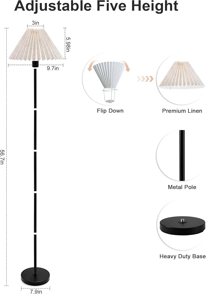 UMEXUS Cordless Floor Lamp for Bedroom, Rechargeable Battery Operated with Remote & Timer, Dimmable RGB, Pleated Standing Light Small Corner Pole Lamps for Living Room Bedside Outdoor Patio Home Decor