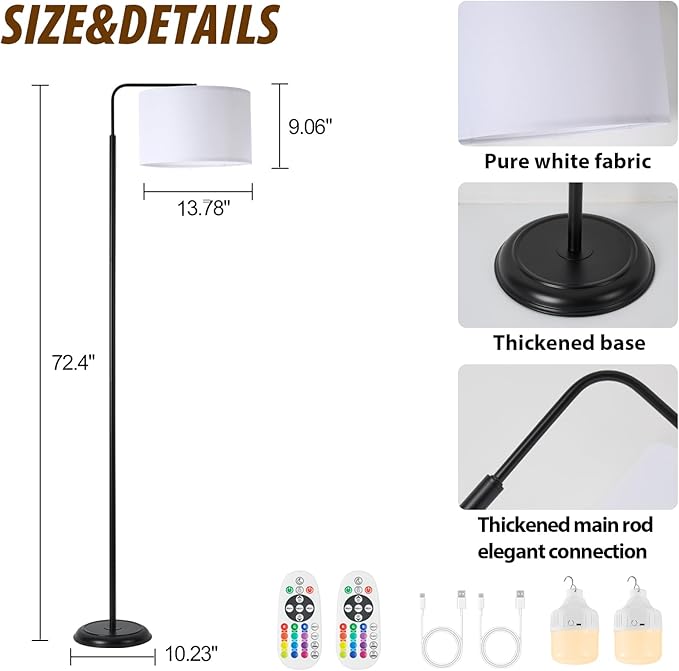 2-Light Dual-Bulb Cordless Floor Lamp, Extra Weighted Base Ultra-Stable Battery Lamp, 3 Color Temps Dimmable 2X Brighter, RGB Remote, Sturdy Standing Lamp for Bedroom Living Room Porch