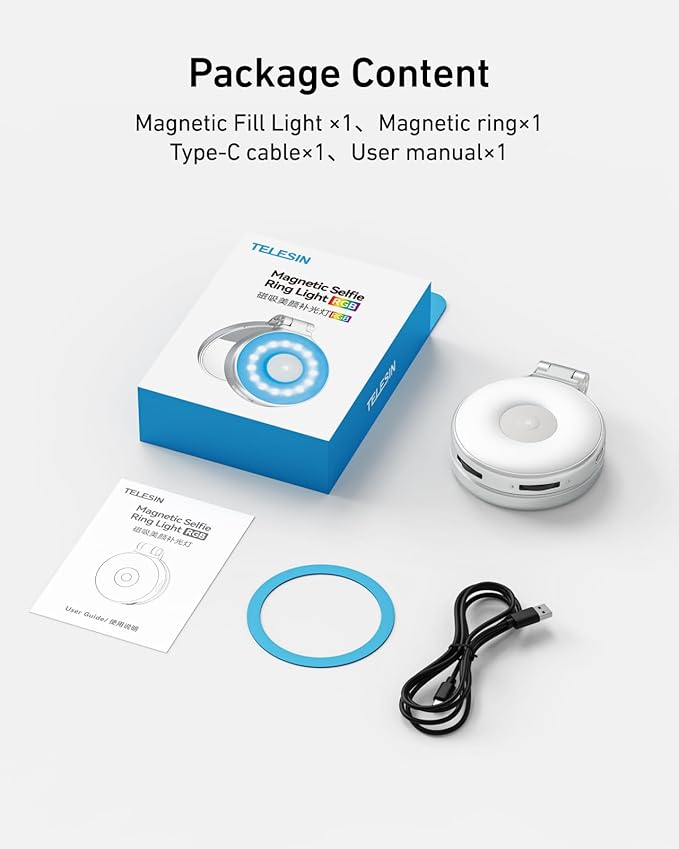 TELESIN Upgraded 4-in-1 Magnetic RGB Selfie Ring Light with Mirror & Phone Stand, Rechargeable Portable Clip On Fill Light for iPhone Samsung TikTok, Vlogging, Makeup, Photography, Streaming