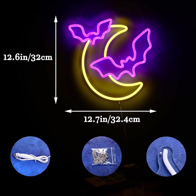Halloween Decorations Neon Signs, Moon and Bat LED Light,Neon Light up Halloween Party, USB Powerd Gothic Neon Lamp for Festival Wall Decor, Bar, Bedroom,Living room, Wedding,Halloween