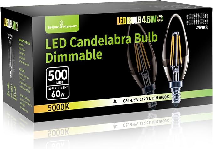 24 Pack E12 Dimmable 60W Equivalent LED Chandelier Light Bulbs, 4.5W Clear 5000K Daylight White 500LM B11 Vintage Filament Candle Light