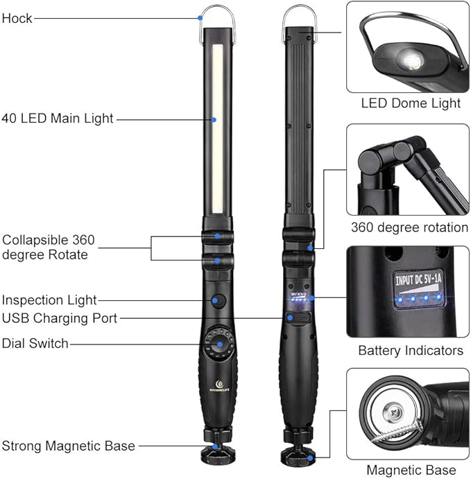 ORHOMELIFE Rechargeable LED Work Light - 750 Lumens Foldable LED Flashlight Handheld Cordless Work Light with Magnetic Base, 360°Rotate, Power Indicator for Car Repair, Garage, Household, Outdoor