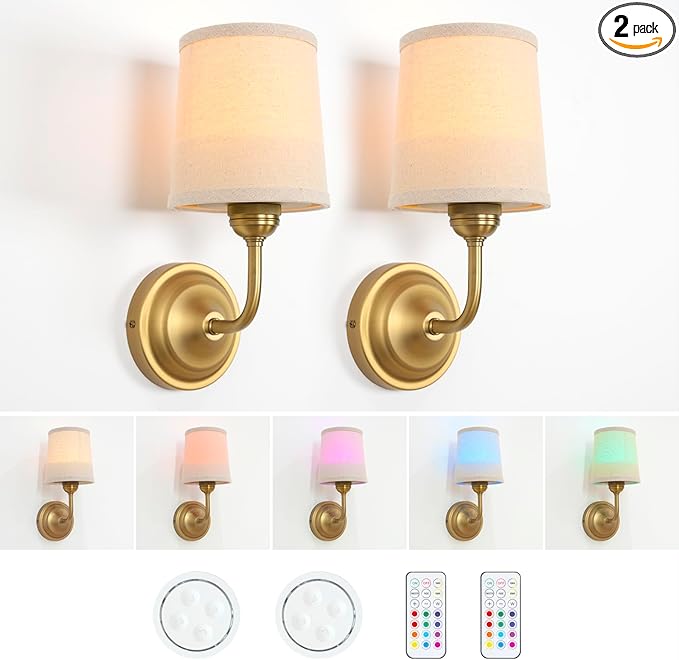 HEQIQEH Vintage Gooseneck Battery Operated Wall Sconce Light Fixture Set of 2 with Remote Control, Flared Funnel Linen Fabric Shade Dimmable Nightstand Lamps for Bedside Bedroom Living Room Lounge