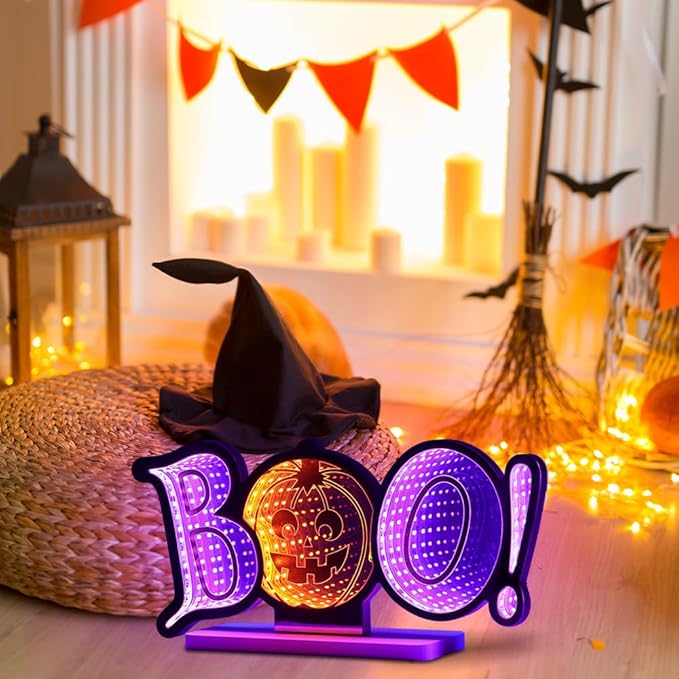 MEETYAMOR Halloween Decorations Indoor, BOO Pumpkin Infinity Mirror Tunnel Light for Halloween Decor, Night Lights with Endless Extension for Home Living Room Bedroom Mantel Table Centerpiece Lamp