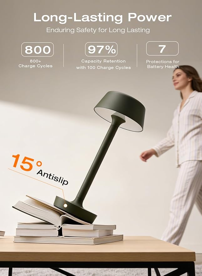 Cordless Rechargeable Table Lamp with Power Charger,Portable LED Desk Lamp,5000mAh Battery Operated,2700K-5700K Tunable,Stepless Dimming for Bedroom Bedside Touch Night Light,Green