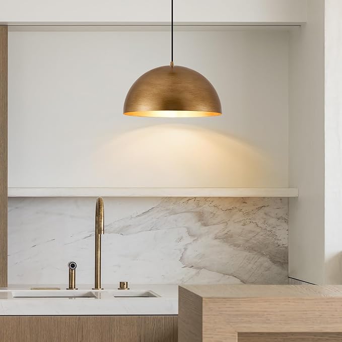 16" Dome Gold Pendant Light, Farmhouse Pendant Lights for Kitchen Island, Modern Adjustable Hanging Lamp for Dining Room Living Room Hallway Cafe Bar 2 Pack