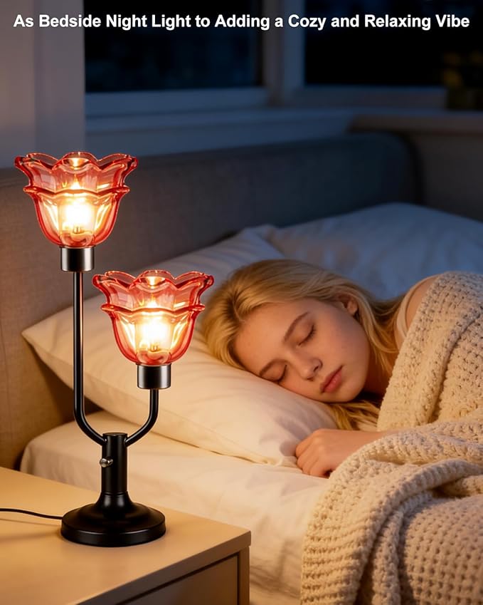 Lightdot Mid Century Modern Flower Table Lamp Black Dimmable U-Shaped Deep Red Glass Desk Lamps with 2Pcs 3000K Warmwhite Bulbs Included Bedside Nightstand Lamp for Living Room Bedroom