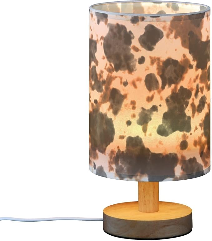Bedside Table Lamp Cow Tie Dye Print Nightstand Lamp with Wood White Black Brown Animal Skin Desk Lamps for Bedroom Living Room Nursery Office Home Decor