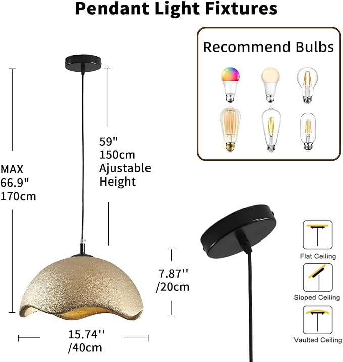 JAYMP 15.7" Modern Pendant Light for Dining Room Kitchen Island Light Hanging Lamp E26 Base Japanese Wabi-Sabi Style Bird Nest Shape Lighting Fixture, 1 Pack (Matte Gold,D Shape, 40cm/15.7inch)