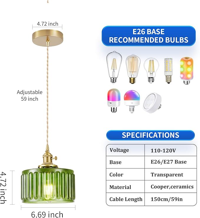 2 Pack Industrial Pendant Lighting, Modern Green Glass Shade Farmhouse Adjustable Hanging Light Fixtures for Kitchen Island Living Room Bedroom Hallway, Green