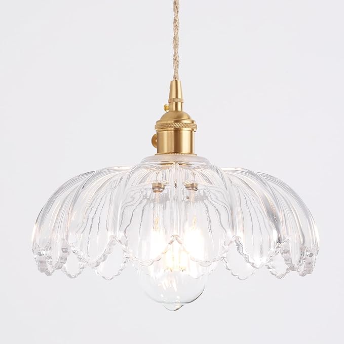 Pendant Light with Clear Scindapsus Glass Lmapshade, Brass Vintage Pendant Light Adjustable Hanging Light for Kitchen Island Dining Room Hallway