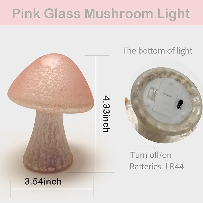 Glass Mushroom Lamp Cute Lamps for Bedrooms Battery Operated Mushroom Night Light Funky Lamp Ideal for Indoor & Outdoor Garden Decor (Pink, Set 1)