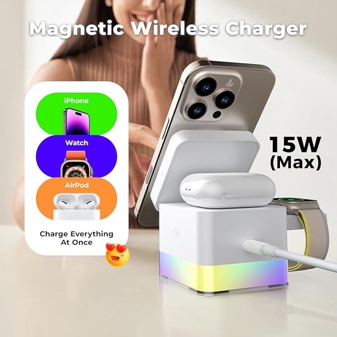 15W Magnetic Wireless Charging Station,XO 3-in-1 Wireless Charging Station with Night-Lamp for Phone 16/15/14/13/12,Watch,air-pods,Fast Charge Multiple Devices