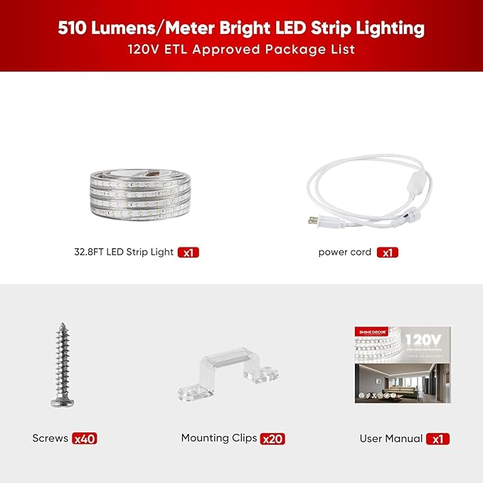 Shine Decor Plus LED Strip Lights AC 120V, Connectable Double Row Bright Rope Light, ETL IP65 Waterproof & Weather-Resistant for Accent Lighting, 7x17mm, 6000K Cool White, 32FT