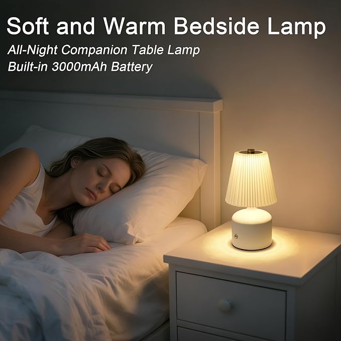 Small Cordless Table Lamp Rechargeable Desk Lamp, 3 Color Stepless Dimming, Metal Base Pleated Table Lamp for Bedside, Bedroom, Dining Room, Living Room (White)