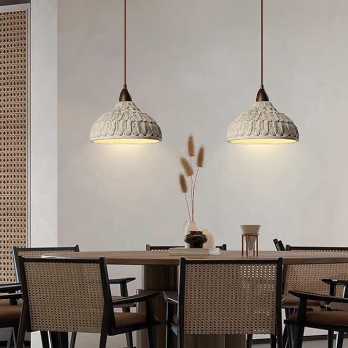 Wabi Sabi Pendant Light, 11" Retro Japanese Style Concrete Pendant Light with Feather Textured Lampshade, Cement Pendant Light Fixtures Ider for Bedroom Living Room Kitchen Island (No Bulb)