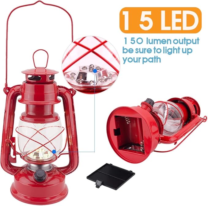 Vintage LED Hurricane Lantern, Warm White Battery Operated, Antique Metal Hanging Lantern with Dimmer Switch, 15 LEDs, 150 Lumen for Indoor or Outdoor Use