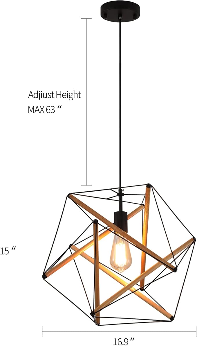 AMZASA Black Geometric Art Deco Hanging Pendant Light Metal and Wood Modern Industrial Chandelier Light Fixture for Dining Room Kitchen Island Arts Center Yoga Studio,Need Assemble UL Listed