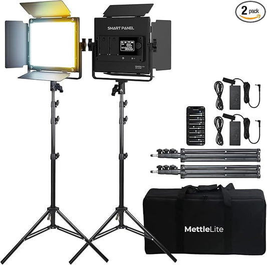 Mettlelite 2 Pack SPL210B Bi Color LED Video Light Kit with APP Control, 3200K-5600K, CRI TLCI 96+, Dimmable Photography Studio lighting with Barndoor,Diffuser, Light Stand and Carrying Case for Video