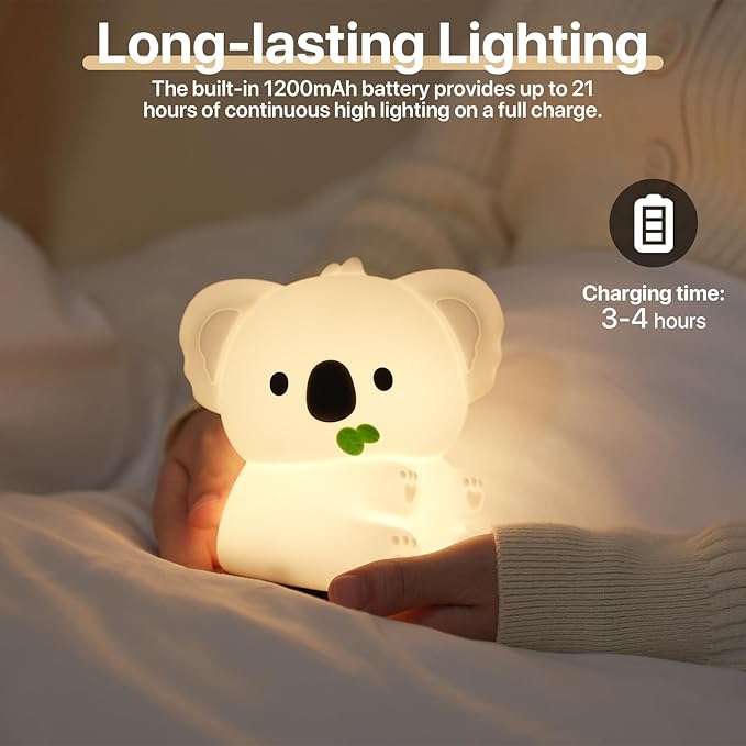 Cute Koala Night Light for Kids Rechargeable, Battery Operated Nightlight 3 Level Dimmable with RGB&Timer, Silicone Touch Nursery Lamp for Baby Girls Boys Bedroom Gifts