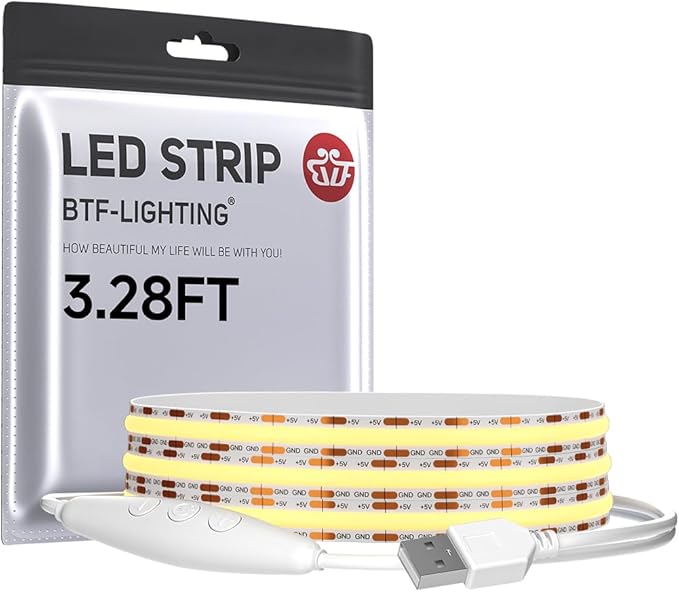 BTF-LIGHTING FCOB COB FOB LED Strip Lights 5V USB Powered 3.28FT 320LEDs Warm White 3000K 8mm Width Dimmable CRI 90+ with 3M Tape Flexible High Density for 3D Printer TV Backlight PC DIY Decor